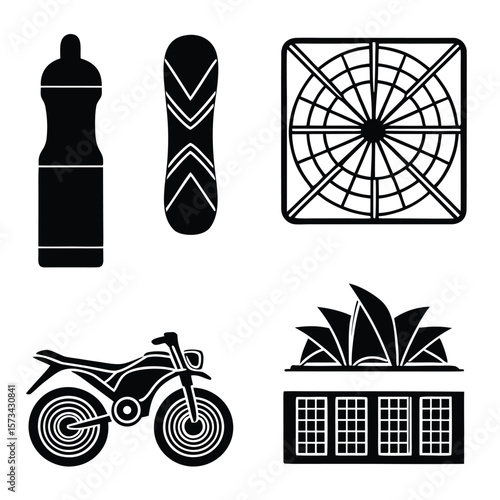 Black silhouette icons bottle snowboard dartboard motorcycle opera house vector