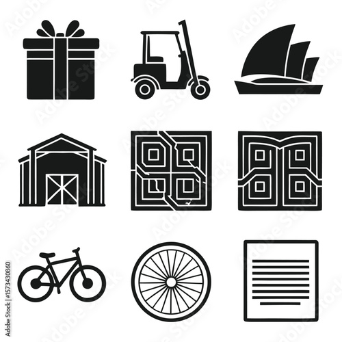 Black silhouette icons gift golf cart opera house barn maze bicycle wheel document ribbon