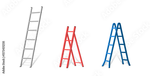 Set of realistic ladders in different styles and colors isolated on white background