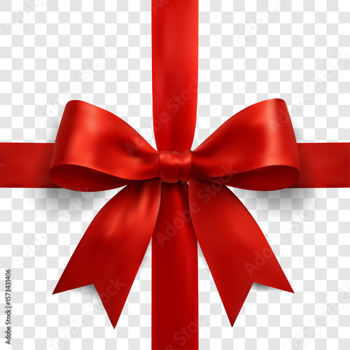 Red satin ribbon with bow in cross shape isolated on transparent background for gift and celebration decoration