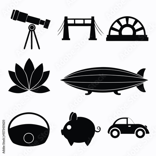 Telescope bridge lotus blimp basket piggy car vector