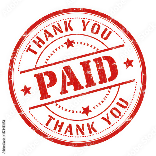 Red circular stamp with paid and thank you text isolated on transparent background