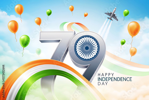 Creative celebration artwork for 79th Indian Independence Day with 3D number, flying jet, colorful balloons, and tricolor ribbon in blue sky background
