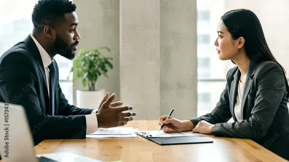 Professional discussion at a desk, man gesturing, woman taking notes Professional discussion at a desk, man gesturing, woman taking notes