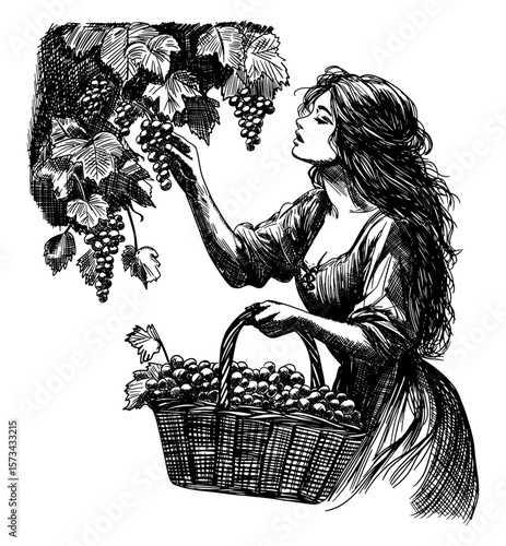 woman harvesting grapes isolated hand drawn sketch illustration in vintage attire holding wicker basket vine is lush fruit and foliage poster card design