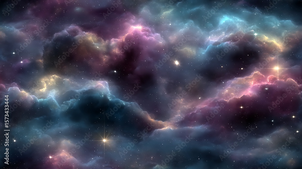 Obraz premium Photorealistic seamless deep space pattern with stars and nebulae