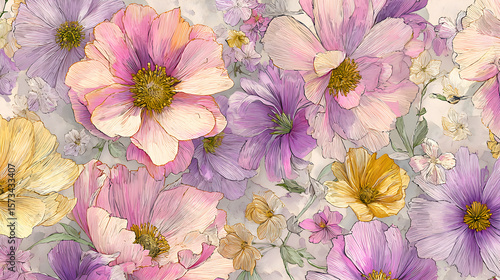 Serene Springtime Blossom: Pastel Floral Harmony with Artistic Hand-Drawn Charm