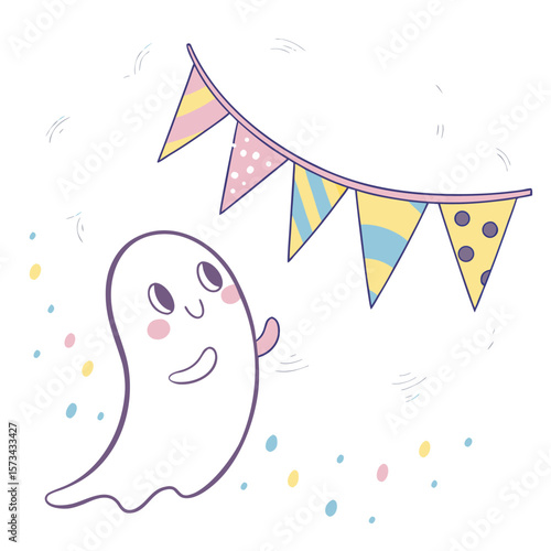 Cute friendly ghost character waving happily with colorful festive bunting and confetti celebrating a fun event or holiday with a sweet and cheerful expression