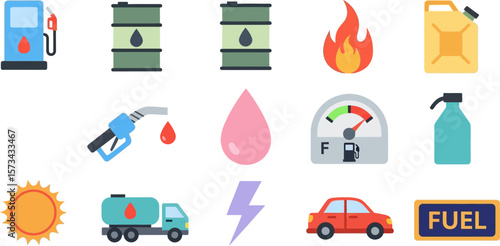 Fuel and energy resources vector icons set petroleum gas station and oil drum