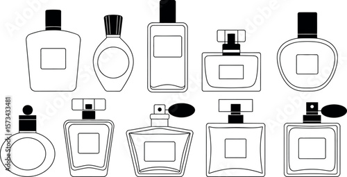 Collection of minimalist black and white perfume bottle illustrations.