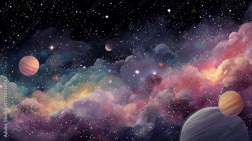 Fototapeta premium Vintage retro starry galaxy wallpaper with colorful planets and stars