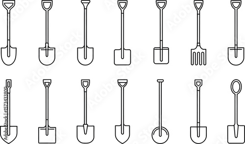 Line art shovel icons: diverse gardening tools collection