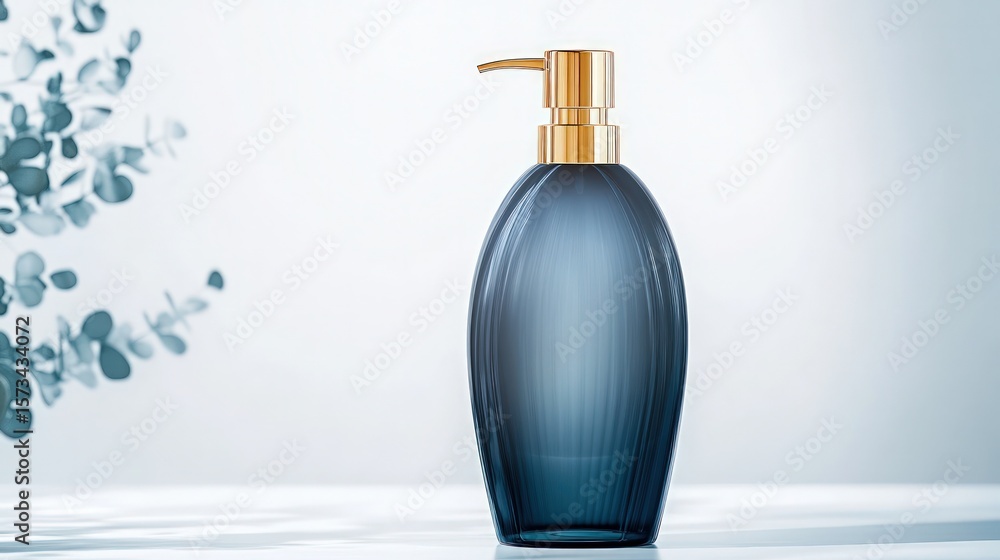 Obraz premium Blue soap dispenser with golden pump sits on white surface, with eucalyptus branch in background 