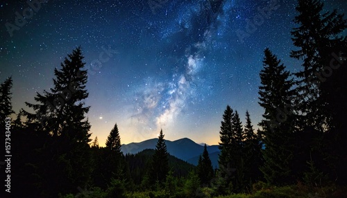 Fototapeta Naklejka Na Ścianę i Meble -  Milky Way over mountain pine forest