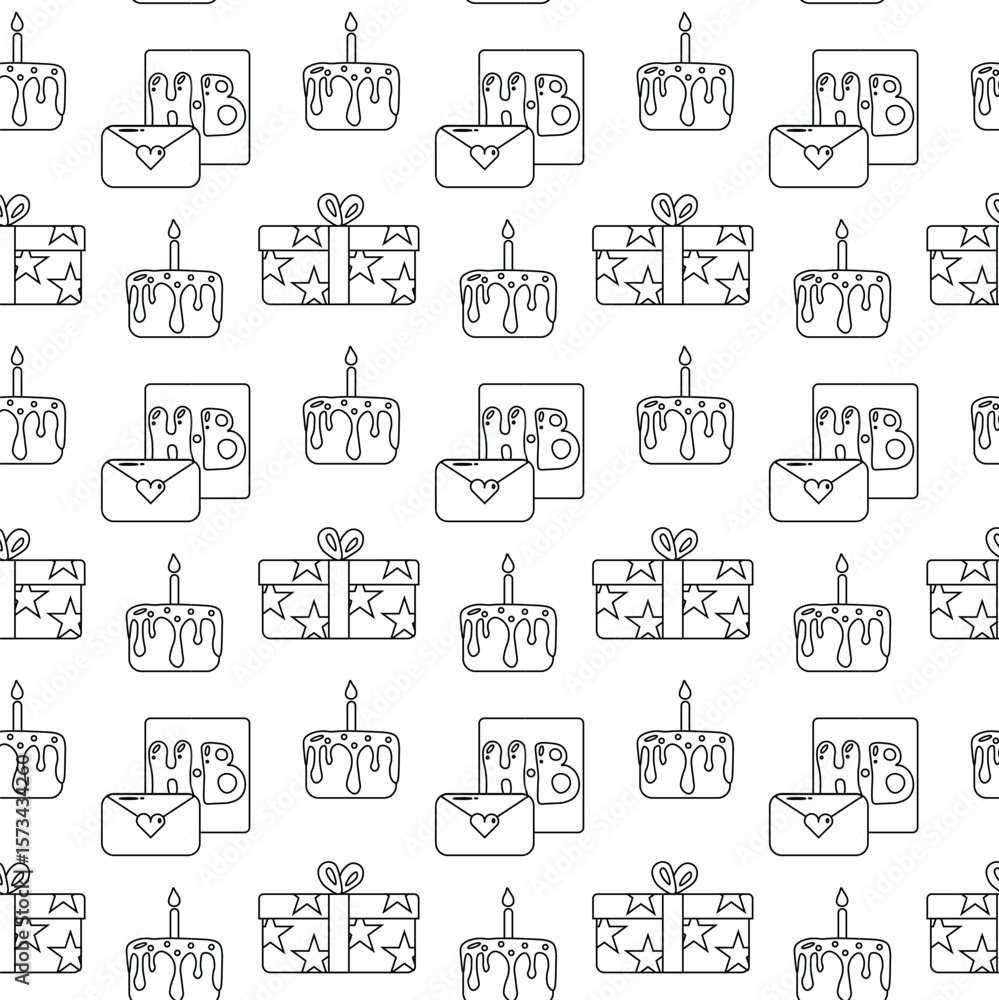 Fototapeta premium Birthday seamless pattern in outline style on white. Use for kids party designs, celebration packaging, greeting cards, and festive prints