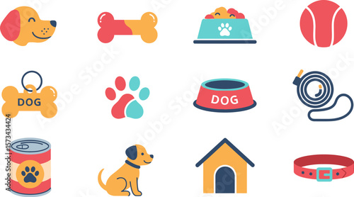 Cute dog supplies vector illustration set for pet care and accessories shop