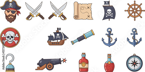 Cartoon pirate themed vector set illustration for graphic design element