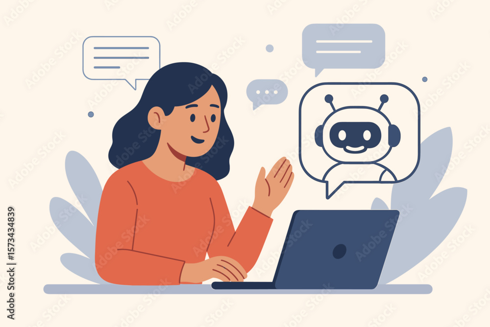 Woman interacting with AI chatbot assistant on laptop. Artificial intelligence, online communication, virtual assistant, customer support, digital technology, chat interface concept. Woman interacting with AI chatbot assistant on laptop. Artificial intelligence, online communication, virtual assistant, customer support, digital technology, chat interface concept.