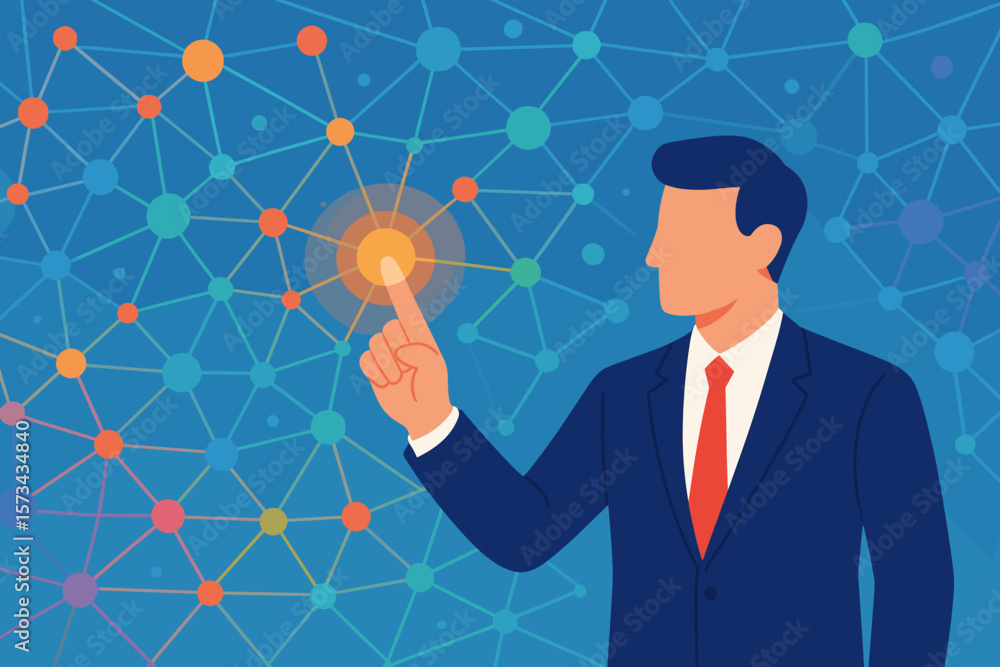 Businessman Interacting with Digital Network, Big Data Visualization, Multicolor Nodes, Social Media, IoT, Abstract Cyberspace, Modern Flat Concept Businessman Interacting with Digital Network, Big Data Visualization, Multicolor Nodes, Social Media, IoT, Abstract Cyberspace, Modern Flat Concept