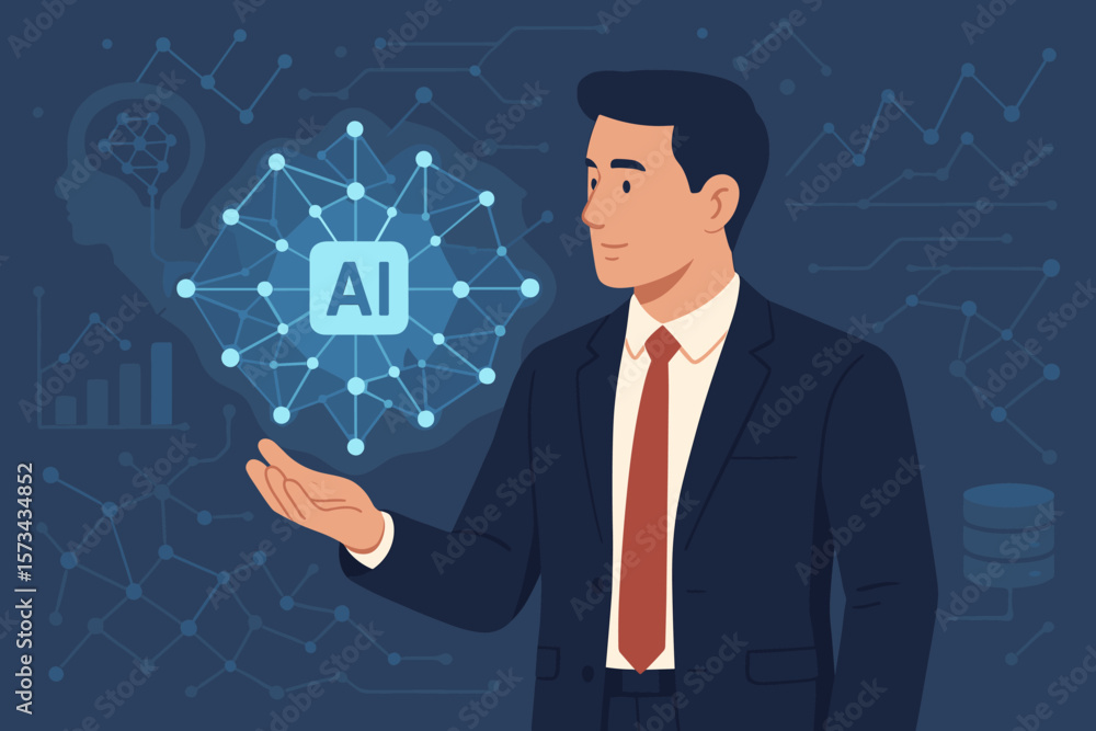 Businessman in Suit Holding AI Network Symbol, Artificial Intelligence, Machine Learning, Data Networking, Deep Learning, Digital Innovation, Modern Technology Concept Businessman in Suit Holding AI Network Symbol, Artificial Intelligence, Machine Learning, Data Networking, Deep Learning, Digital Innovation, Modern Technology Concept