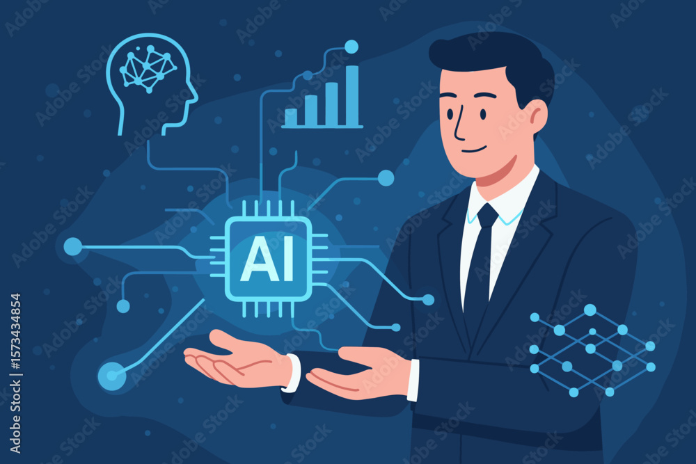 Artificial Intelligence Technology, Machine Learning, Businessman Presenting AI Data Network, Deep Learning, Data Exchange, Innovation, Digital Transformation, Future Business Artificial Intelligence Technology, Machine Learning, Businessman Presenting AI Data Network, Deep Learning, Data Exchange, Innovation, Digital Transformation, Future Business