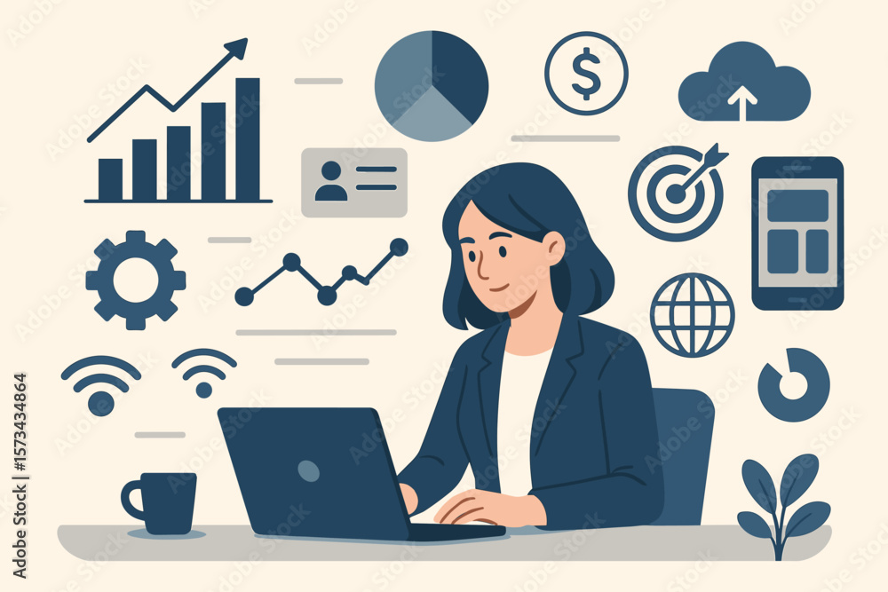 Businesswoman Using Laptop with Analytics, Digital Marketing, Technology Icons, Data Visualization, Cloud Computing, Wireless Network, Mobile App, Modern Office Concept Vector Illustration Businesswoman Using Laptop with Analytics, Digital Marketing, Technology Icons, Data Visualization, Cloud Computing, Wireless Network, Mobile App, Modern Office Concept Vector Illustration