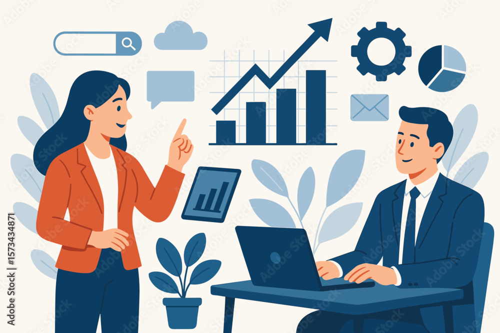 Business Growth Strategy Meeting, Digital Technology, Data Analysis, Office Teamwork, Graphs, Charts, Collaboration, Modern Flat Vector Illustration, Professional People, Productivity Business Growth Strategy Meeting, Digital Technology, Data Analysis, Office Teamwork, Graphs, Charts, Collaboration, Modern Flat Vector Illustration, Professional People, Productivity