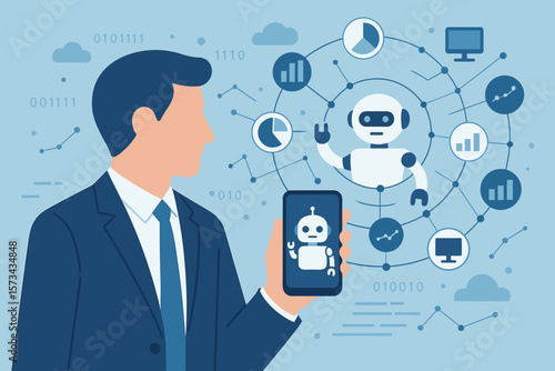Artificial intelligence machine learning concept. Businessman using smartphone to control robot automation, business data analytics, digital network, technology, data exchange