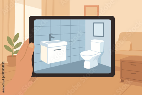 Augmented reality bathroom planner concept. Hand holding tablet with AR app visualizing modern sanitary ware, toilet, sink, home interior design, renovation, virtual remodeling