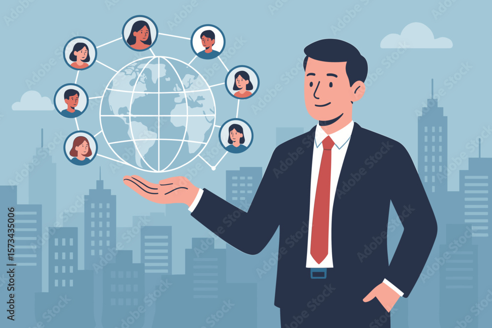 Businessman Presenting Global Network Structure, Digital Communication, Social Media, Customer Connection, Data Exchange, Cityscape, Teamwork, Online Collaboration Businessman Presenting Global Network Structure, Digital Communication, Social Media, Customer Connection, Data Exchange, Cityscape, Teamwork, Online Collaboration