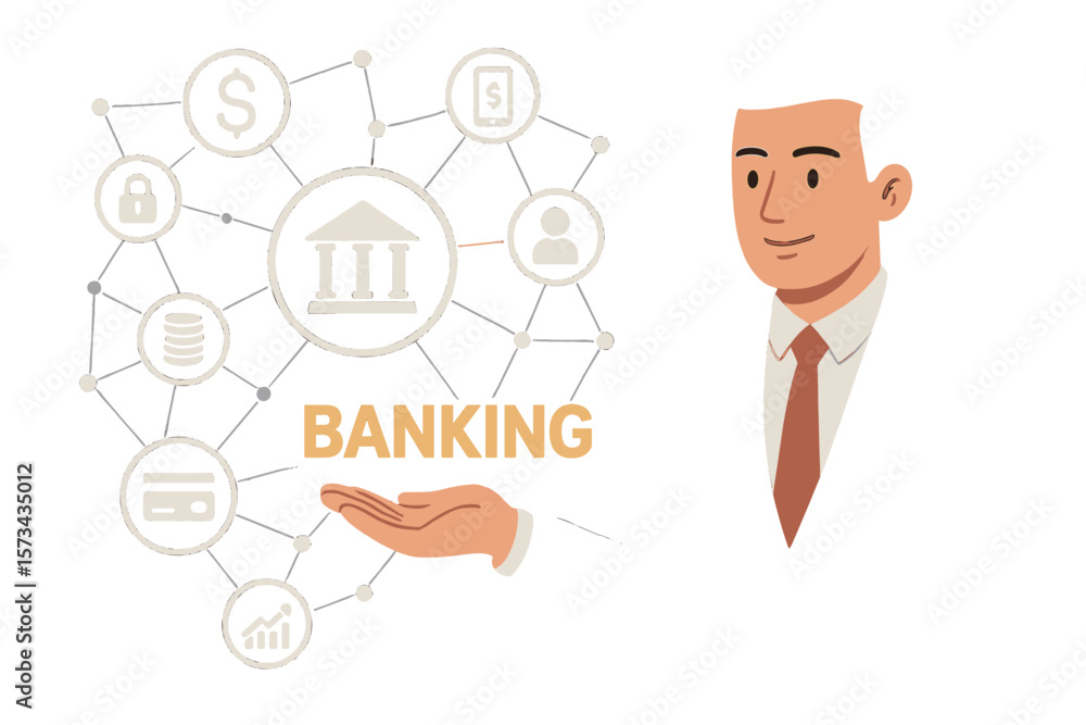 Businessman Presenting Banking Concept with Financial Icons, Digital Network, Secure Transactions, Mobile Payment, Data, Analytics, Modern Flat Vector Illustration Businessman Presenting Banking Concept with Financial Icons, Digital Network, Secure Transactions, Mobile Payment, Data, Analytics, Modern Flat Vector Illustration