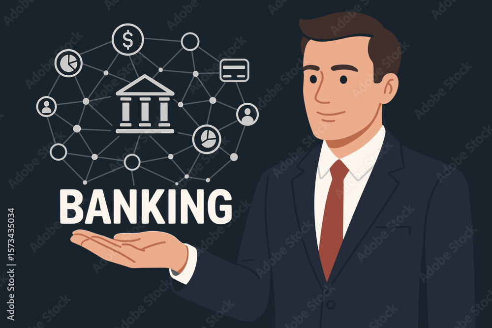 Businessman Presenting Banking Concept with Financial Network Icons, Digital Banking Services, Modern Flat Vector Illustration, Finance Technology, Money Management, Business Suit, Virtual Interface Businessman Presenting Banking Concept with Financial Network Icons, Digital Banking Services, Modern Flat Vector Illustration, Finance Technology, Money Management, Business Suit, Virtual Interface