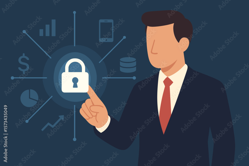 Businessman in Suit Touching Digital Padlock, Cybersecurity Access to Financial Data, Network Privacy Protection, Technology Security, Modern Flat Vector Illustration Businessman in Suit Touching Digital Padlock, Cybersecurity Access to Financial Data, Network Privacy Protection, Technology Security, Modern Flat Vector Illustration