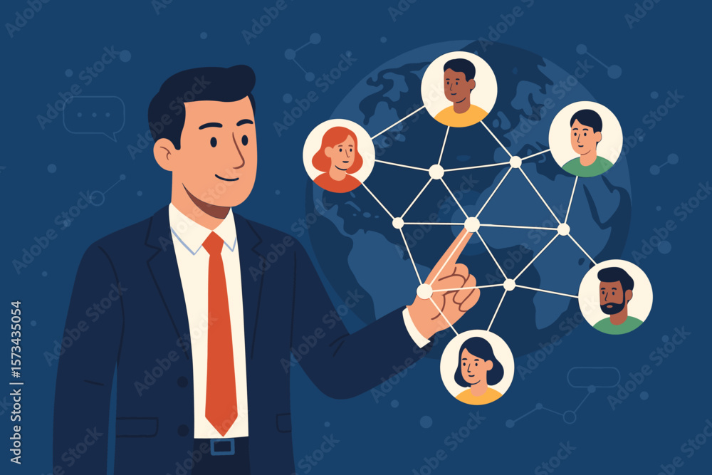 Businessman Connecting Global Network Structure, Digital Communication, Data Exchange, Customer Relationship, Social Media Marketing, Technology, Teamwork, International Collaboration Businessman Connecting Global Network Structure, Digital Communication, Data Exchange, Customer Relationship, Social Media Marketing, Technology, Teamwork, International Collaboration