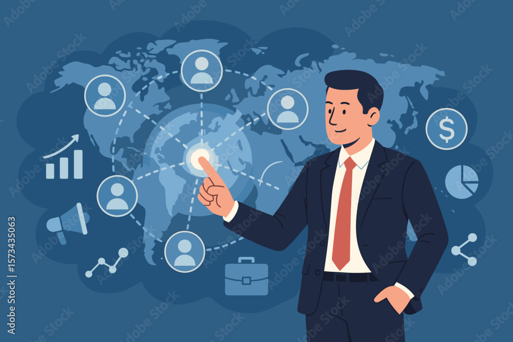 Businessman Touching Global Customer Networking, Data Exchange, Digital Marketing, Business Strategy, Social Network Growth, Finance, Analytics, Communication, Worldwide Business Development Businessman Touching Global Customer Networking, Data Exchange, Digital Marketing, Business Strategy, Social Network Growth, Finance, Analytics, Communication, Worldwide Business Development