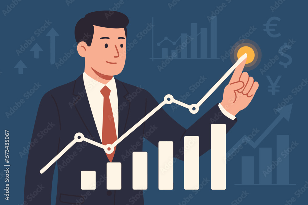 Businessman in Suit Analyzing Financial Growth, Touching Rising Bar and Line Graph, Stock Market Data, Currency Exchange, Economic Success, Virtual Interface, Modern Vector Illustration Businessman in Suit Analyzing Financial Growth, Touching Rising Bar and Line Graph, Stock Market Data, Currency Exchange, Economic Success, Virtual Interface, Modern Vector Illustration