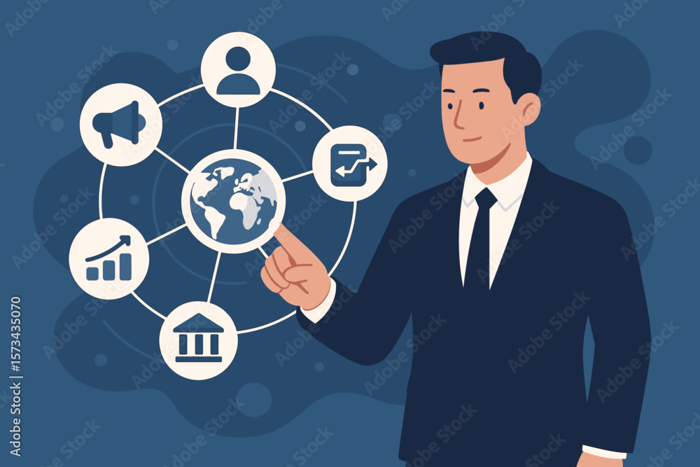 Businessman Touching Global Business Network, Digital Marketing, Customer Data Exchange, Social Media Strategy, Banking, Financial Growth, Business Development, Online Communication Businessman Touching Global Business Network, Digital Marketing, Customer Data Exchange, Social Media Strategy, Banking, Financial Growth, Business Development, Online Communication