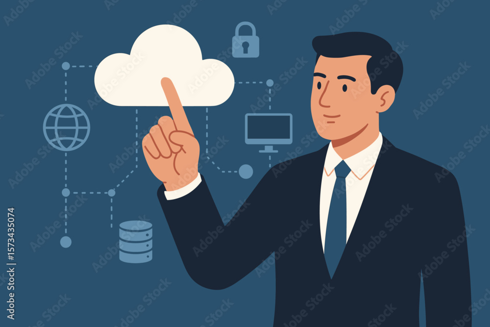 Businessman Touching Cloud Computing Icon, Connecting to Data Network, Information Security, Modern Technology, Digital Connectivity, Cloud Storage, IT Solutions Concept Businessman Touching Cloud Computing Icon, Connecting to Data Network, Information Security, Modern Technology, Digital Connectivity, Cloud Storage, IT Solutions Concept