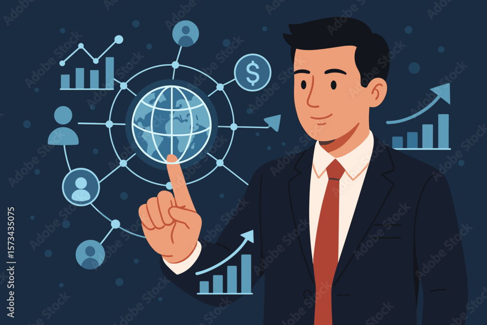 Businessman Touching Global Business Network, Customer Data Exchange, Digital Marketing, Business Strategy Growth, Social Media Analytics, Banking, Finance, Technology Businessman Touching Global Business Network, Customer Data Exchange, Digital Marketing, Business Strategy Growth, Social Media Analytics, Banking, Finance, Technology