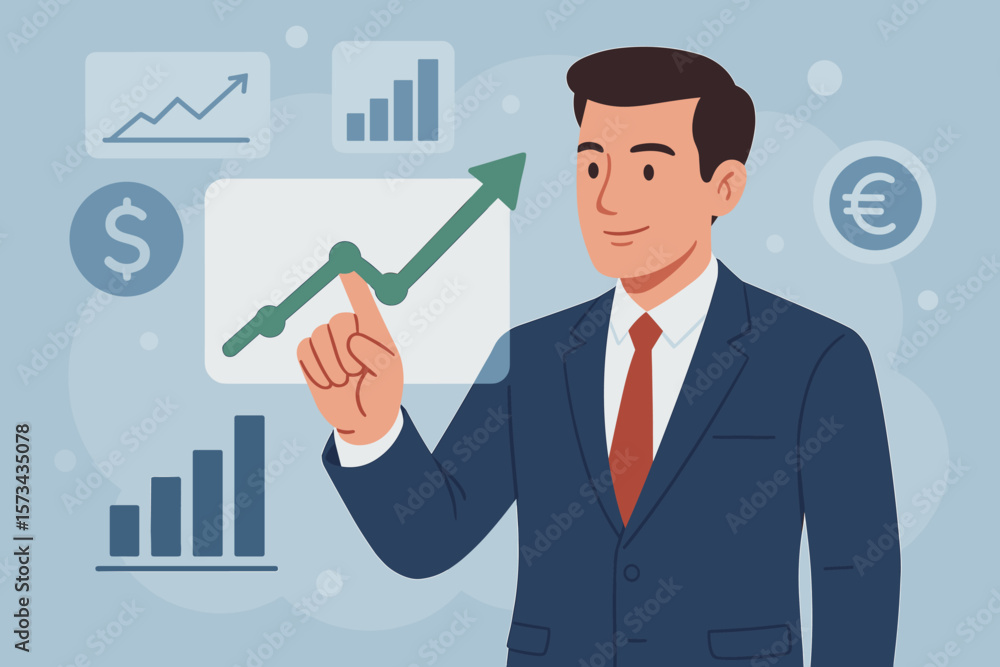 Businessman in Suit Analyzing Financial Growth Chart, Stock Market Data, Currency Exchange, Sales Performance, Virtual Interface, Modern Vector Illustration Businessman in Suit Analyzing Financial Growth Chart, Stock Market Data, Currency Exchange, Sales Performance, Virtual Interface, Modern Vector Illustration