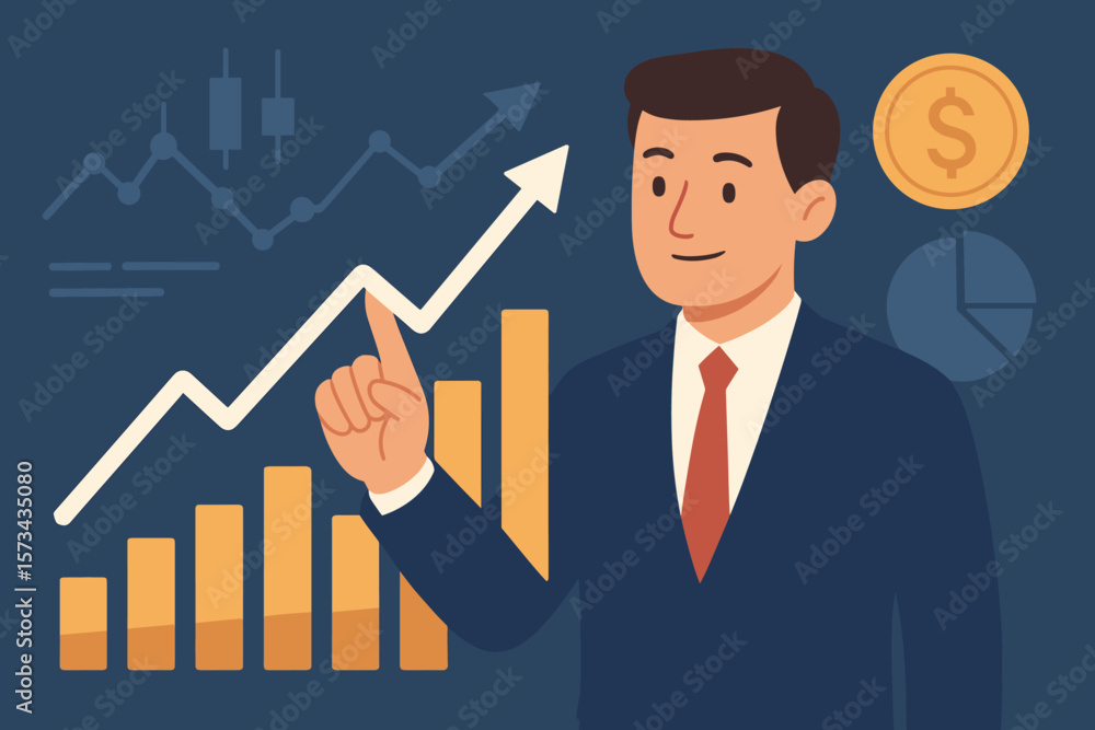Businessman Pointing at Financial Growth Chart, Analyzing Sales Data, Stock Market, Currency Exchange, Rising Bar Graph, Investment Success, Modern Flat Vector Illustration Businessman Pointing at Financial Growth Chart, Analyzing Sales Data, Stock Market, Currency Exchange, Rising Bar Graph, Investment Success, Modern Flat Vector Illustration