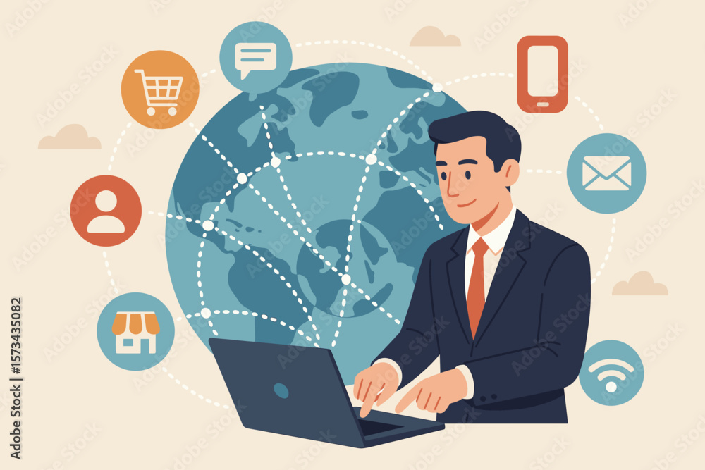 Businessman Using Laptop for Global Network Connection, Omni-Channel Communication, Digital Marketing, E-Commerce, Social Media, Messaging, Email, Wireless Internet, Flat Vector Illustration Businessman Using Laptop for Global Network Connection, Omni-Channel Communication, Digital Marketing, E-Commerce, Social Media, Messaging, Email, Wireless Internet, Flat Vector Illustration