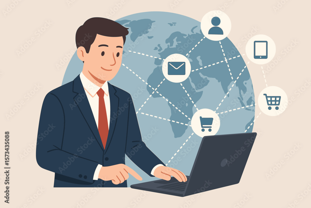 Businessman Using Laptop for Global Network Communication, Omni-Channel E-Commerce, Digital Marketing, Online Shopping, Social Media, Technology, Internet Connection, Vector Illustration Businessman Using Laptop for Global Network Communication, Omni-Channel E-Commerce, Digital Marketing, Online Shopping, Social Media, Technology, Internet Connection, Vector Illustration