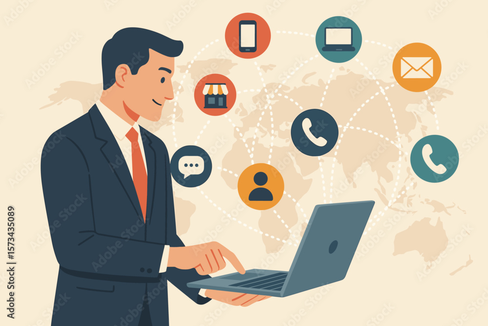 Businessman Using Laptop for Global Digital Communication, Omni-Channel Networking, Technology Icons, Modern Flat Vector Illustration Businessman Using Laptop for Global Digital Communication, Omni-Channel Networking, Technology Icons, Modern Flat Vector Illustration
