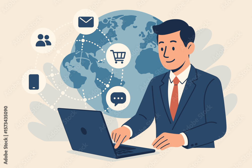 Global Businessman Using Laptop for Digital Communication, E-commerce, Social Media, Mobile Technology, Networking, Online Messaging, Worldwide Connectivity, Flat Vector Illustration Global Businessman Using Laptop for Digital Communication, E-commerce, Social Media, Mobile Technology, Networking, Online Messaging, Worldwide Connectivity, Flat Vector Illustration