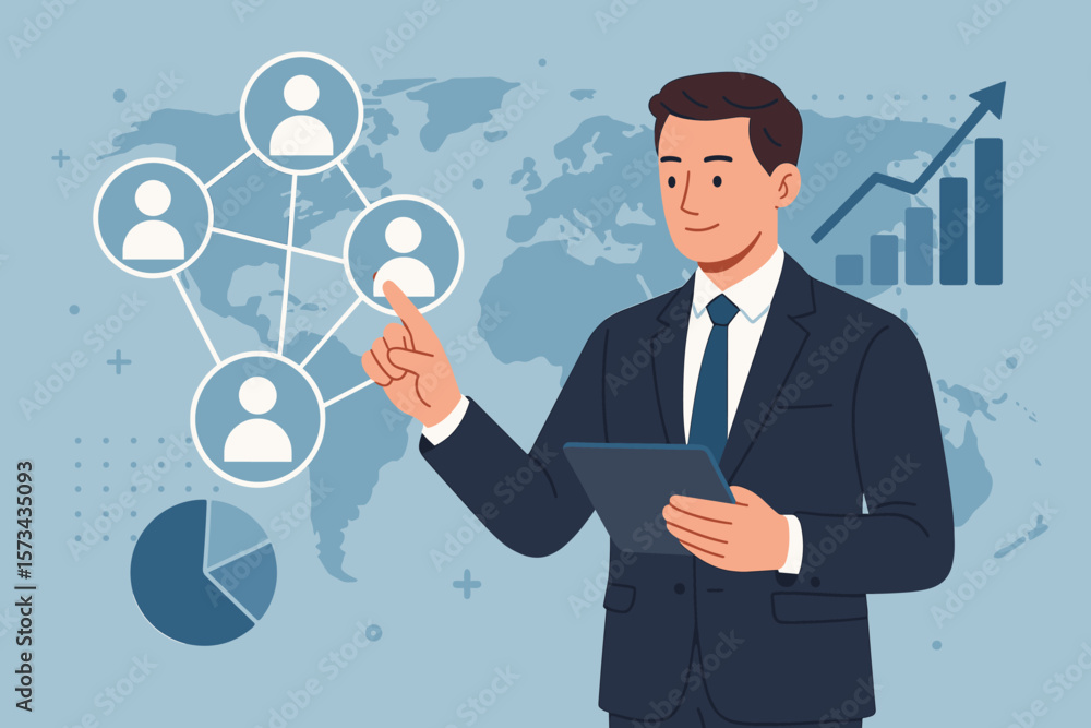 Businessman using tablet analyzing global customer network, digital marketing strategy, data exchange, sales growth, business analytics, connection, communication, teamwork Businessman using tablet analyzing global customer network, digital marketing strategy, data exchange, sales growth, business analytics, connection, communication, teamwork