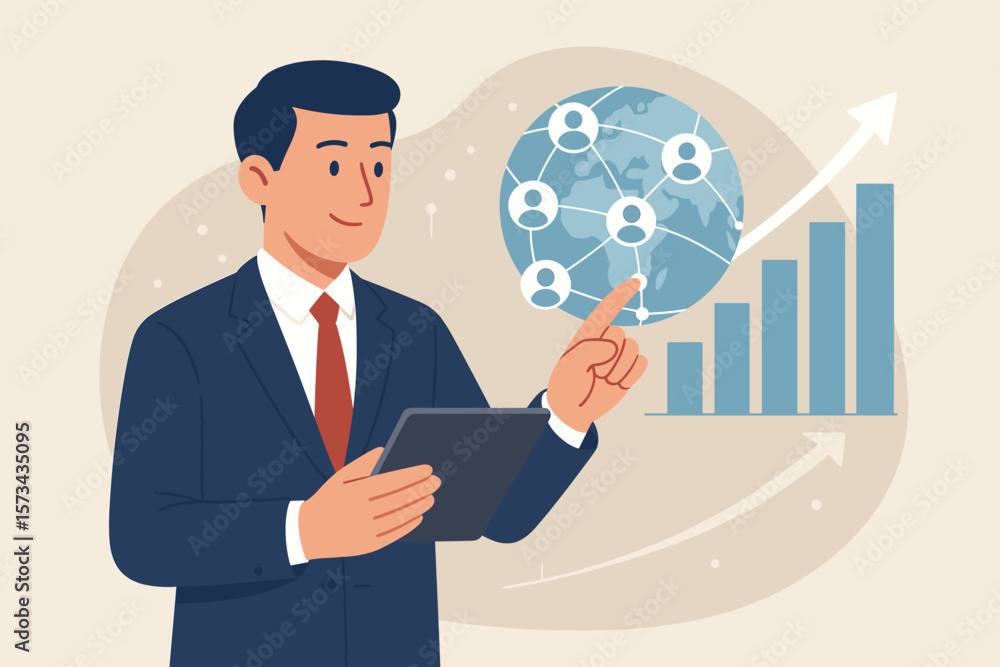 Businessman Analyzing Global Customer Network, Digital Marketing, Data Exchange, Sales Growth, Strategy, Bar Chart, Tablet, Networking, Business Analytics Businessman Analyzing Global Customer Network, Digital Marketing, Data Exchange, Sales Growth, Strategy, Bar Chart, Tablet, Networking, Business Analytics