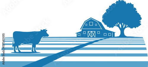 Blue farm landscape with cow barn and tree vector illustration design
