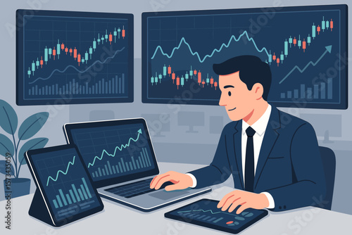 Financial analyst or stock broker analyzing trading charts on laptop, tablet, and monitors in modern office. Online stock market exchange, investment, finance technology concept