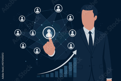 Businessman touching customer icon on global network, data exchanges, economic growth graph, business technology concept, digital communication, networking, global business